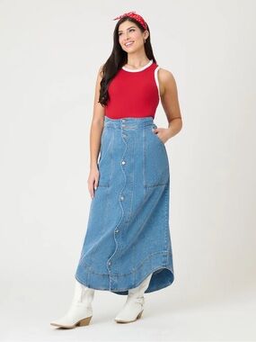 nwt unique vintage wavy placket denim maxi skirt S/4 $88 sold out!